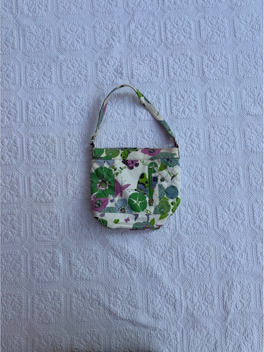 Vera Bradley Quilted Floral and Butterfly Print Shoulder Bag with Green Zipper